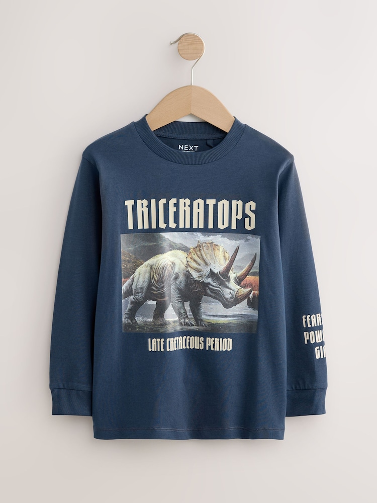 Navy/Blue/Ecru Dino Graphic Long Sleeve T-Shirts 3 Pack (3-16yrs) - Image 2 of 6