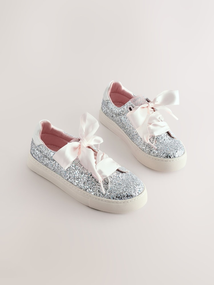 Silver Glitter Standard Fit (F) Lace-Up Trainers - Image 1 of 6 Silver Glitter Standard Fit (F) Lace-Up Trainers - Image 1 of 6