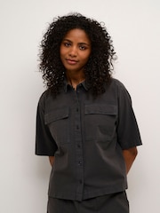 Kaffe Grey KAnaya Short Sleeve 100% Cotton Pocket Shirt - Image 1 of 5