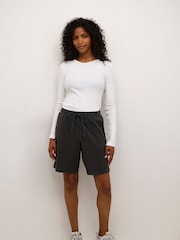 Kaffe Grey KAnaya Wide Legs Elastic Waist 100% Cotton Shorts - Image 3 of 7