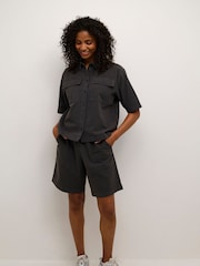Kaffe Grey KAnaya Wide Legs Elastic Waist 100% Cotton Shorts - Image 4 of 7