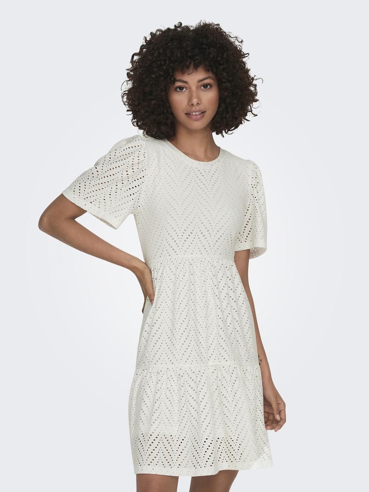 JDY White Short Sleeve Pointelle Tiered Jersey Dress - Image 1 of 5