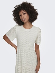 JDY White Short Sleeve Pointelle Tiered Jersey Dress - Image 3 of 5