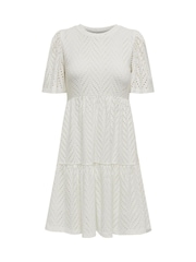 JDY White Short Sleeve Pointelle Tiered Jersey Dress - Image 4 of 5