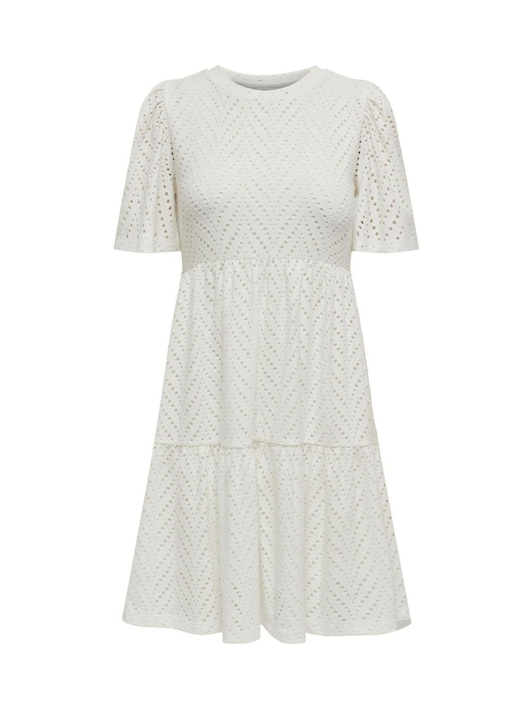 JDY White Short Sleeve Pointelle Tiered Jersey Dress - Image 4 of 5