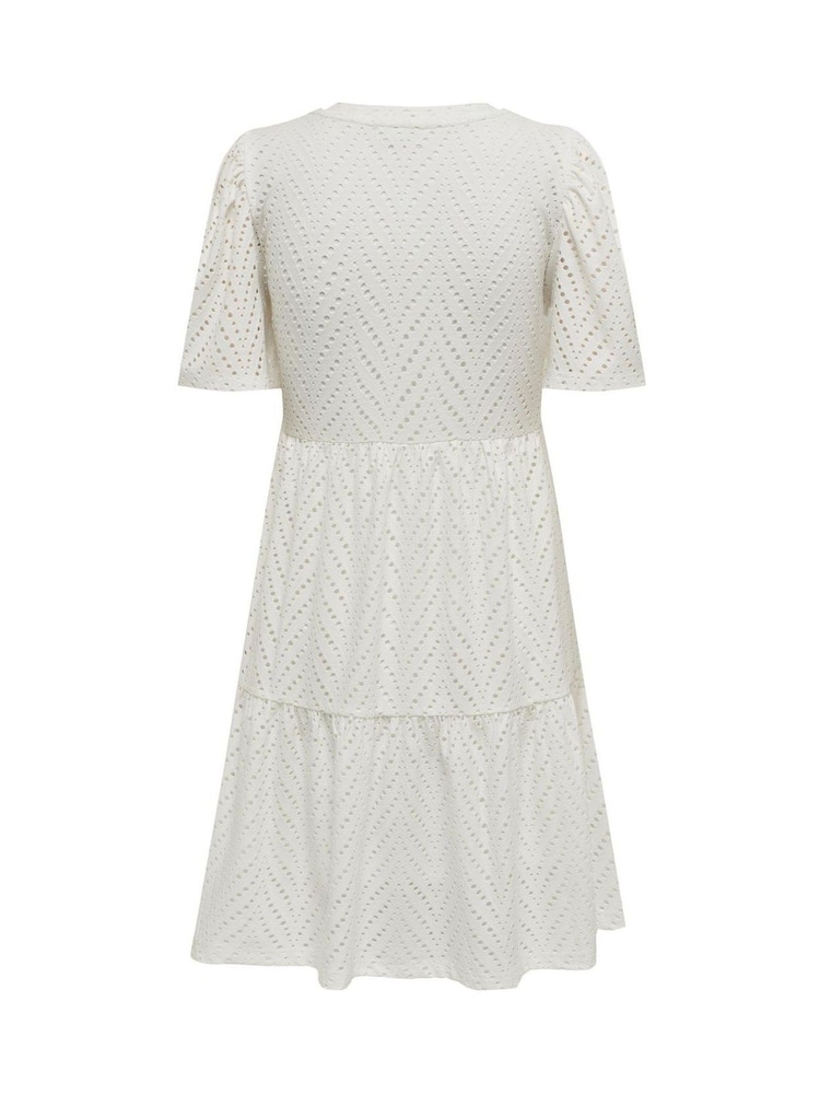 JDY White Short Sleeve Pointelle Tiered Jersey Dress - Image 5 of 5