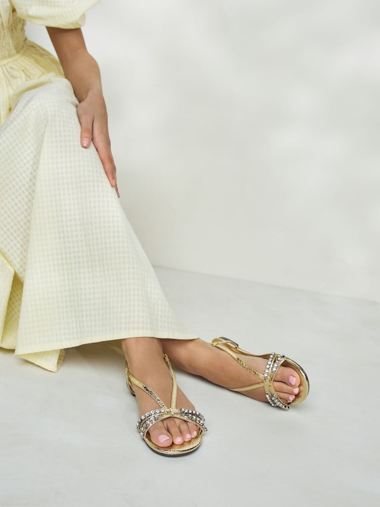 Gold Forever Comfort® Jewel Detail Strappy Flat Sandals - Image 1 of 8