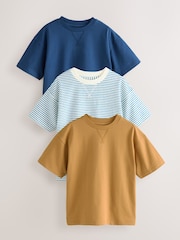 Blue/Tan/Stripe Relaxed Fit Short Sleeve T-Shirts 3 Pack (3-16yrs) - Image 1 of 7