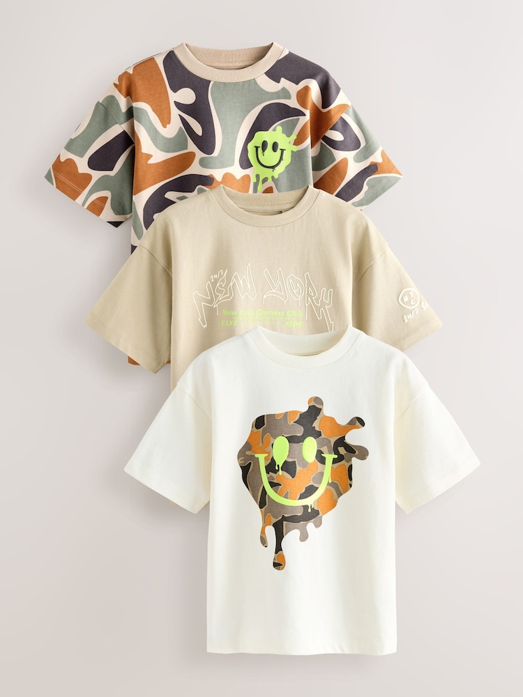White/Stone/Camo - Relaxed Fit Graphic Print Short Sleeve T-Shirts 3 Pack (3-16yrs) - Imagen 1 de 7