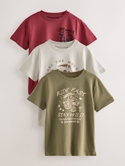 Khaki/Grey/Berry Regular Fit Graphic Print Short Sleeve T-Shirts 3 Pack (3-16yrs) - Image 1 of 7