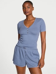 Victoria's Secret Moonlight Blue Pointelle Henley Short Sleeve Pyjama Set - Image 1 of 2