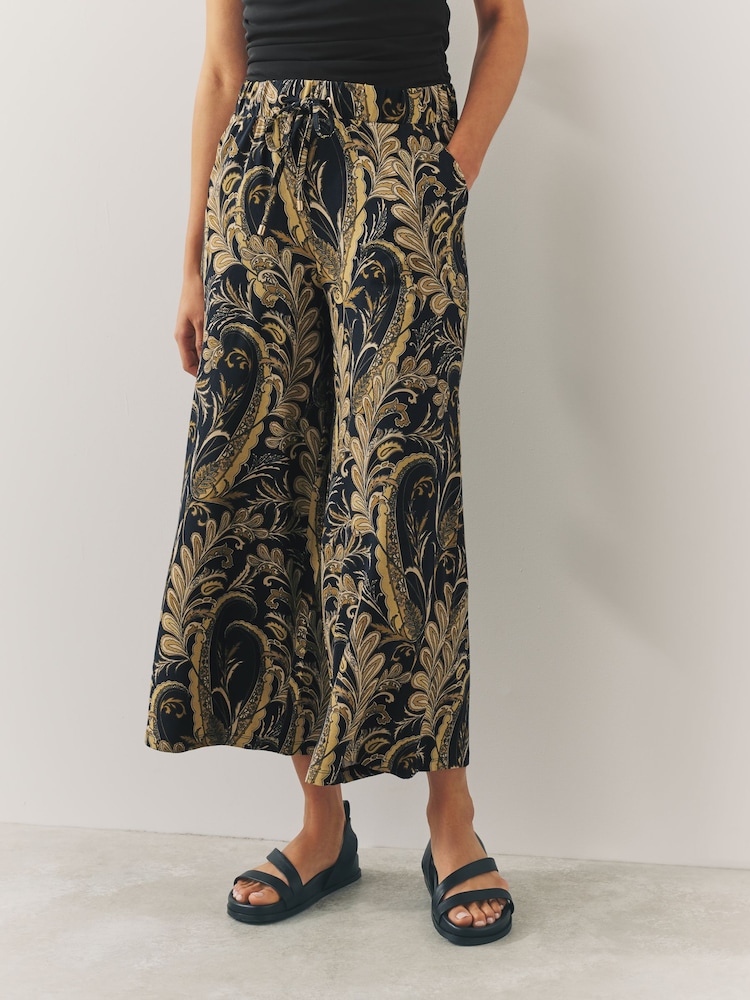 Black/Gold Paisley Print Wide Leg Jersey Culottes - Image 2 of 7