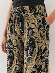 Black/Gold Paisley Print Wide Leg Jersey Culottes - Image 4 of 7