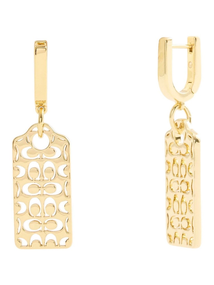 COACH Gold Tone Signature Quilted Cut Out Hangtag Charm Huggie Earrings - Image 1 of 1 COACH Gold Tone Signature Quilted Cut Out Hangtag Charm Huggie Earrings - Image 1 of 1