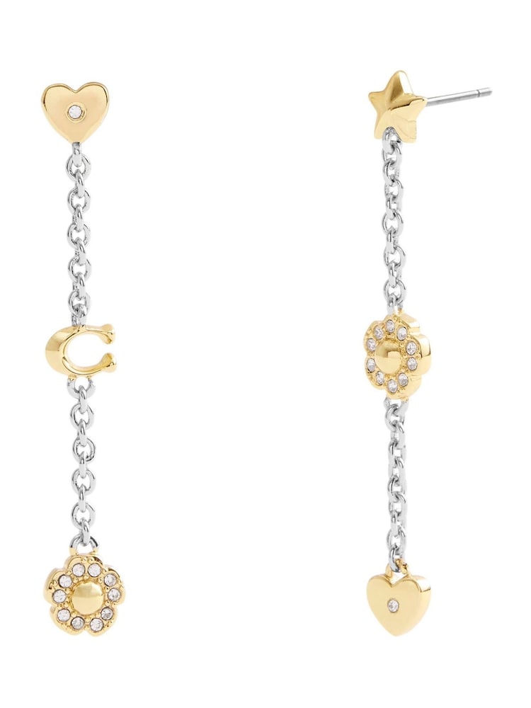 COACH Gold Tone Signature Tea Rose and Heart Linear Earrings - Image 1 of 4