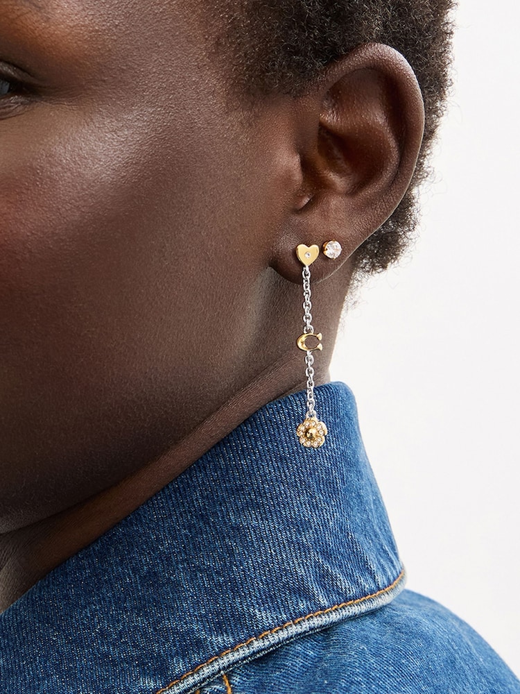 COACH Gold Tone Signature Tea Rose and Heart Linear Earrings - Image 4 of 4