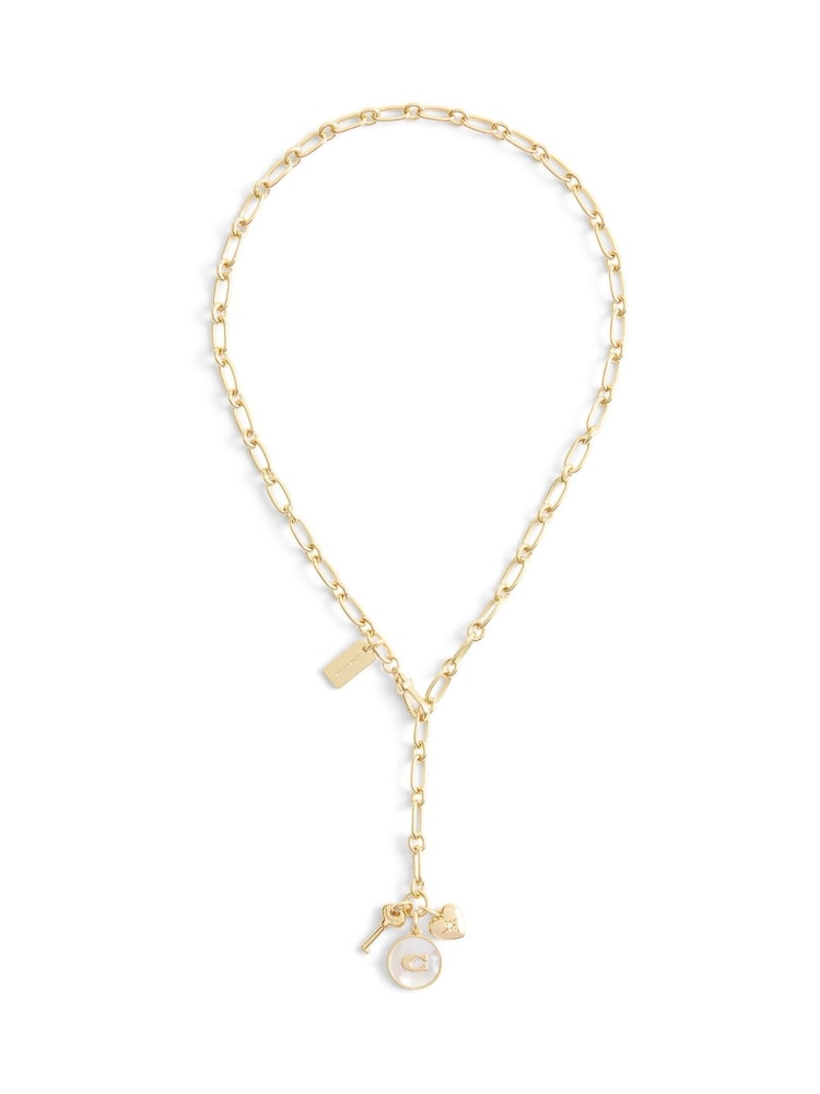 COACH Gold Tone Signature Mother of Pearl Coin Charm Y Necklace - Image 1 of 4