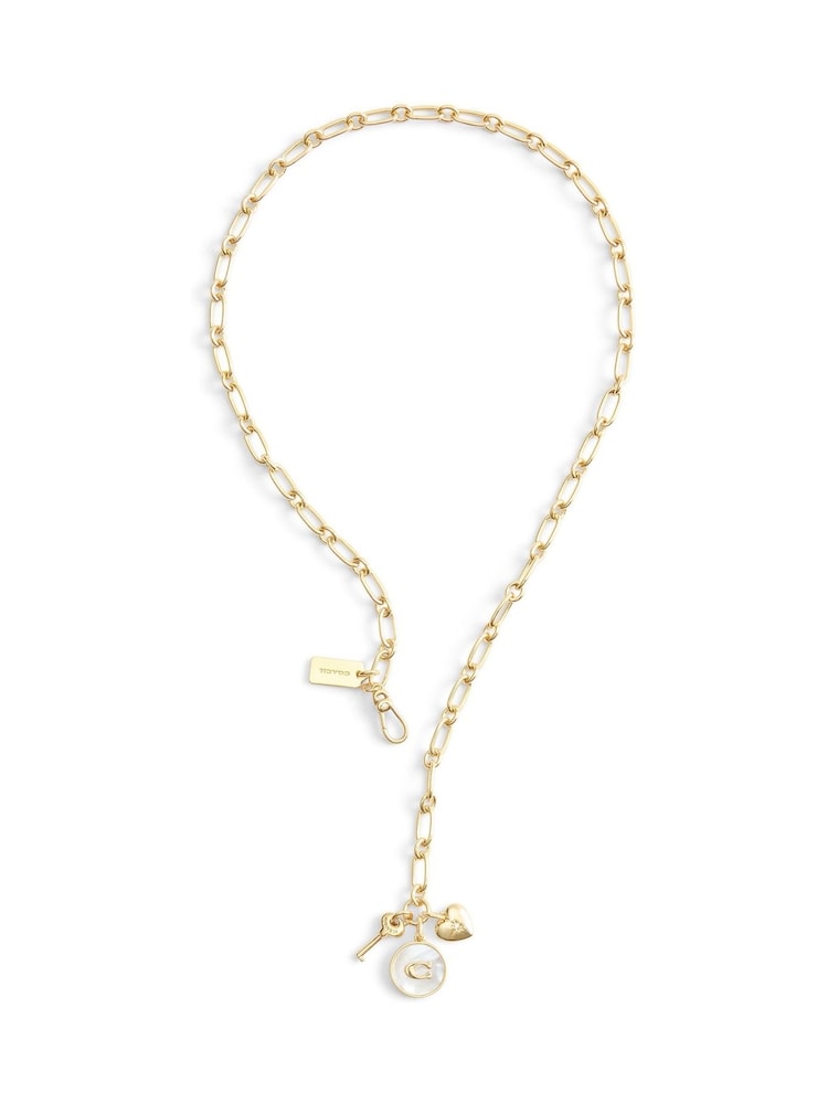 COACH Gold Tone Signature Mother of Pearl Coin Charm Y Necklace - Image 2 of 4 COACH Gold Tone Signature Mother of Pearl Coin Charm Y Necklace - Image 2 of 4