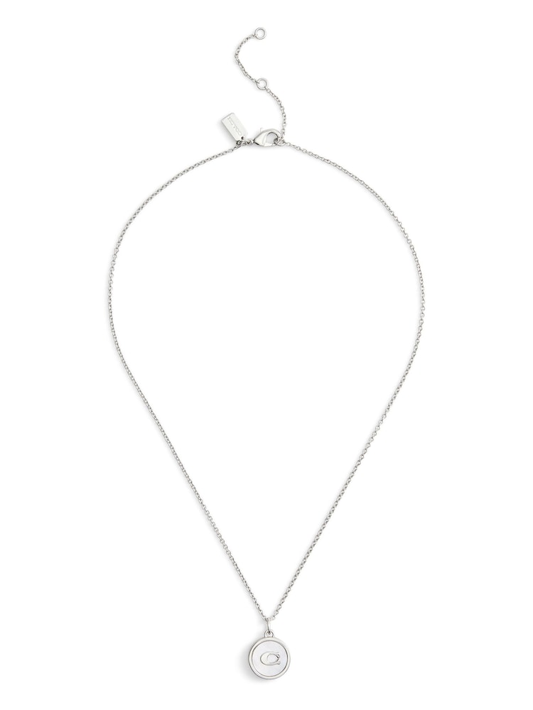 COACH Silver Tone Signature Mother of Pearl Coin Pendant Necklace - Image 1 of 3