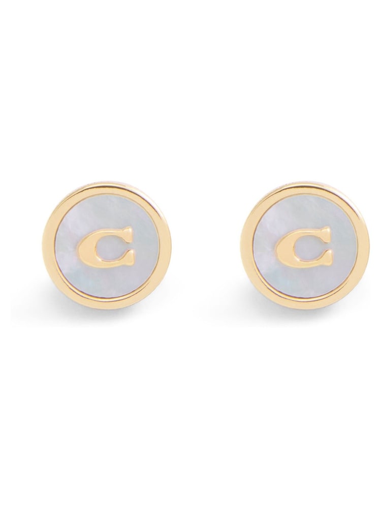 COACH Gold Tone Signature Mother of Pearl Coin Stud Earrings - Image 1 of 3