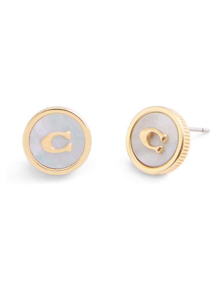 COACH Gold Tone Signature Mother of Pearl Coin Stud Earrings - Image 2 of 3