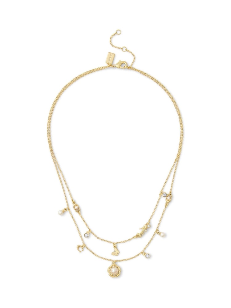 COACH Gold Tone Signature Tea Rose Pearl Layered Necklace - Image 1 of 3