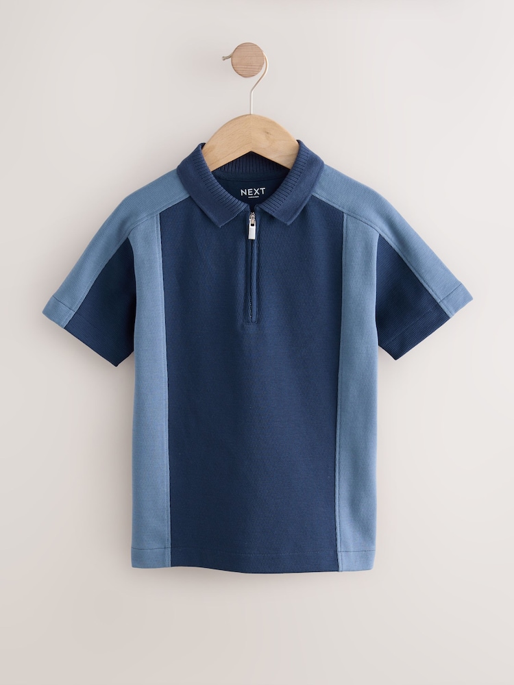 Navy Blue Zip Neck Textured Colourblock Polo Shirt (3-16yrs) - Image 1 of 4