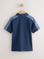 Navy Blue Zip Neck Textured Colourblock Polo Shirt (3-16yrs) - Image 2 of 4