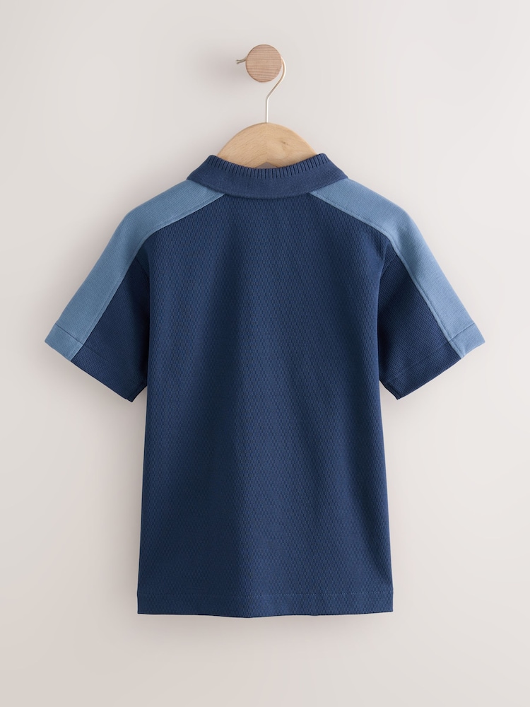 Navy Blue Zip Neck Textured Colourblock Polo Shirt (3-16yrs) - Image 2 of 4