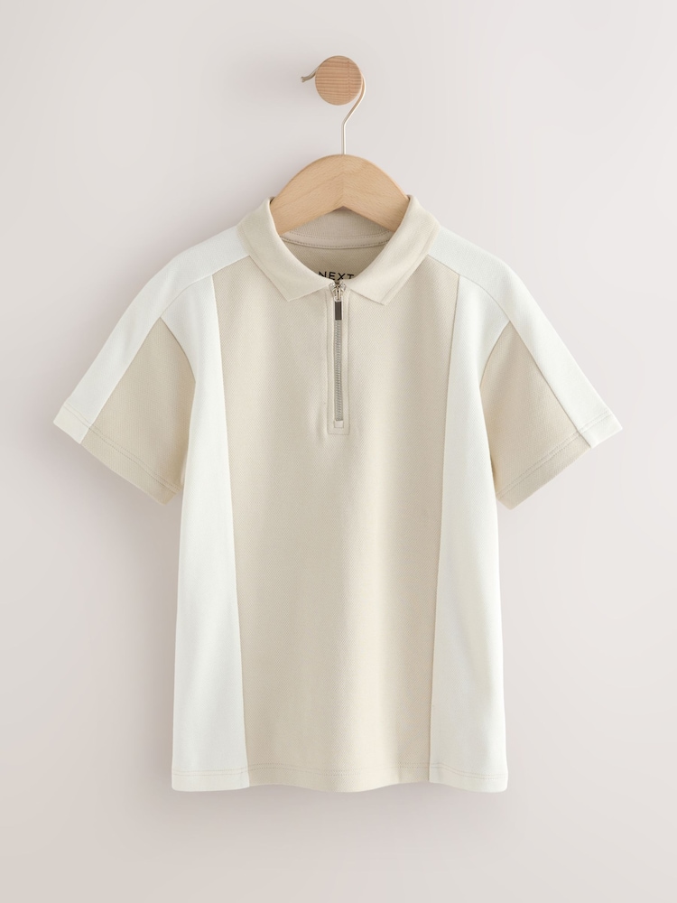 Stone Zip Neck Textured Colourblock Polo Shirt (3-16yrs) - Image 1 of 4 Stone Zip Neck Textured Colourblock Polo Shirt (3-16yrs) - Image 1 of 4