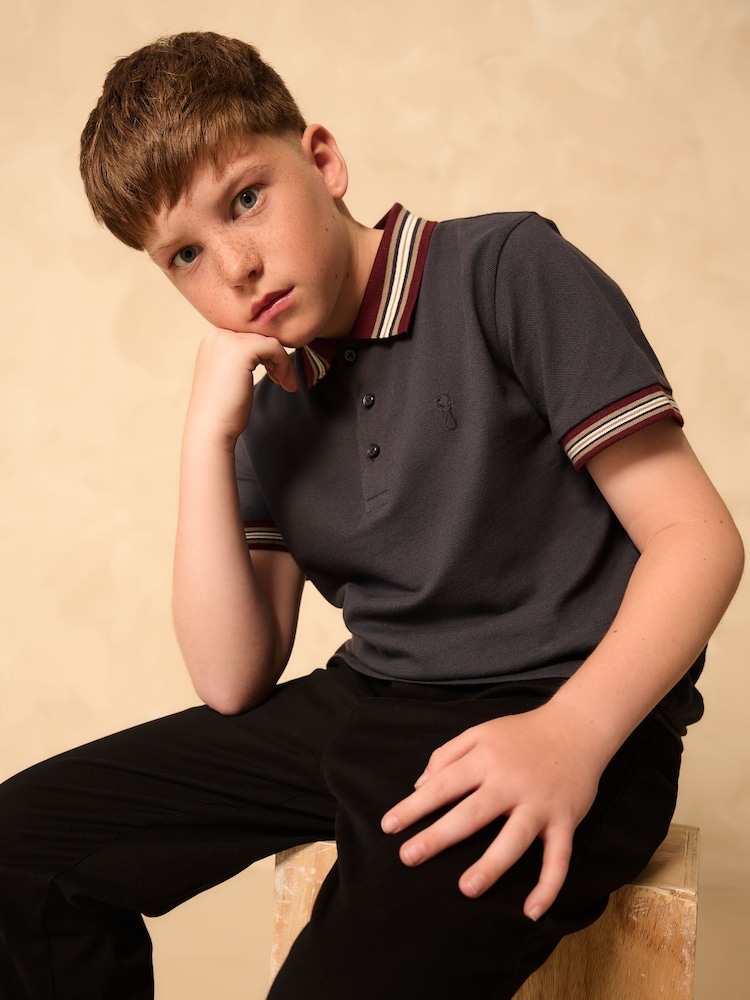 Azul marino - Stripe Tipped Collar Short Sleeve Polo Shirt (3-16yrs) - Imagen 1 de 4