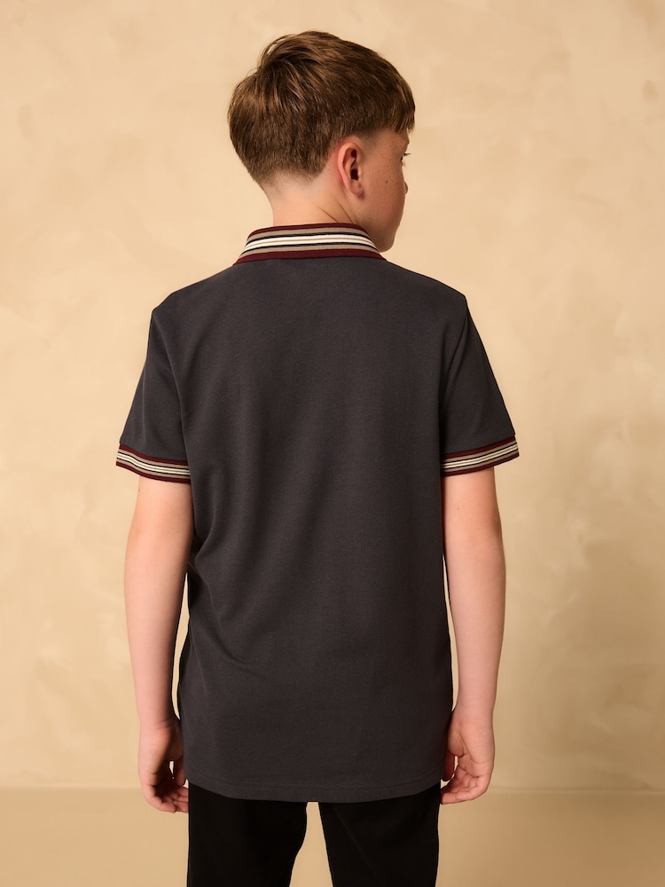 Azul marino - Stripe Tipped Collar Short Sleeve Polo Shirt (3-16yrs) - Imagen 2 de 4