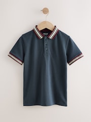 Navy Blue Stripe Tipped Collar Short Sleeve Polo Shirt (3-16yrs) - Image 5 of 8