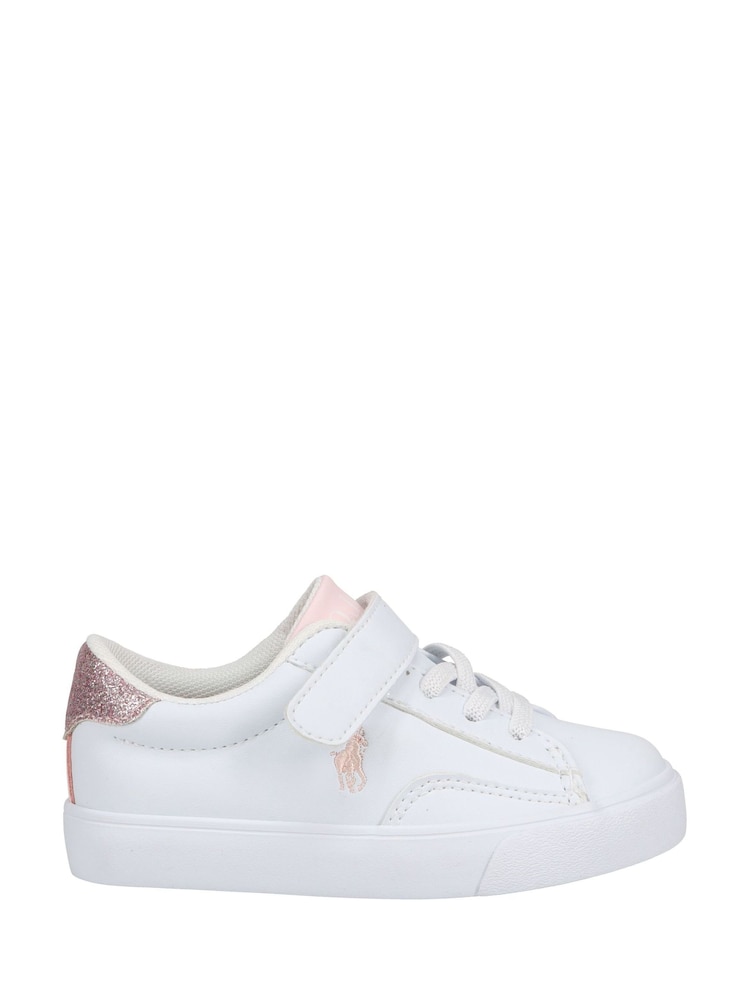 Polo Ralph Lauren White/Pink Girls Theron V PS Velcro Glitter Trainers - Image 1 of 2 Polo Ralph Lauren White/Pink Girls Theron V PS Velcro Glitter Trainers - Image 1 of 2