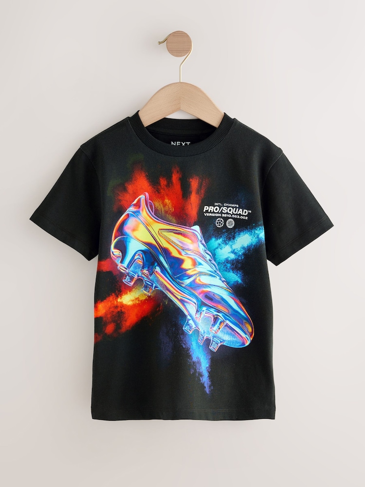 Black Football Regular Fit Short Sleeve All-Over Print T-Shirt (3-16yrs) - Image 1 of 4 Black Football Regular Fit Short Sleeve All-Over Print T-Shirt (3-16yrs) - Image 1 of 4