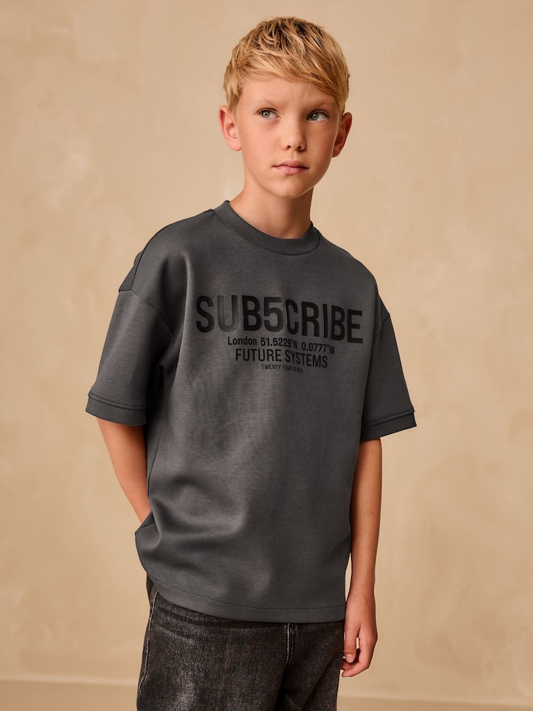 Charcoal Grey Subscribe Graphic Print Heavyweight Short Sleeve T-Shirt (3-16yrs) - Image 1 of 8 Charcoal Grey Subscribe Graphic Print Heavyweight Short Sleeve T-Shirt (3-16yrs) - Image 1 of 8
