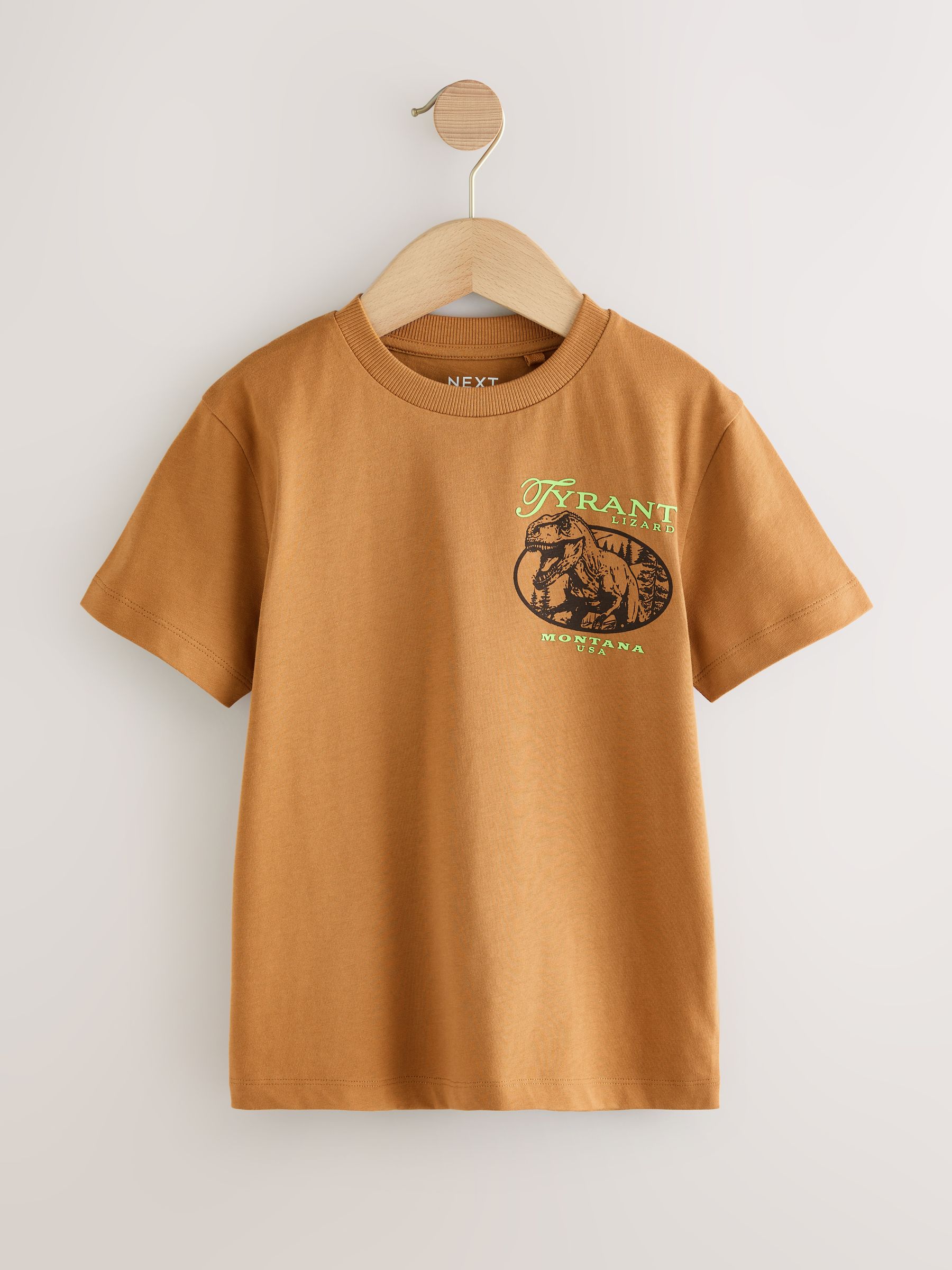 Tan Dino Back Print Regular Fit Short Sleeve Graphic T-Shirt (3-16yrs)