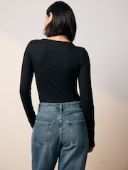 Black Ribbed Long Sleeve Henley Bodysuit - Image 3 of 4