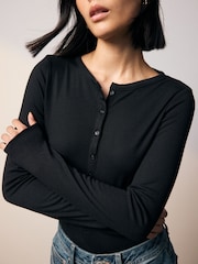 Black Ribbed Long Sleeve Henley Bodysuit - Image 4 of 4