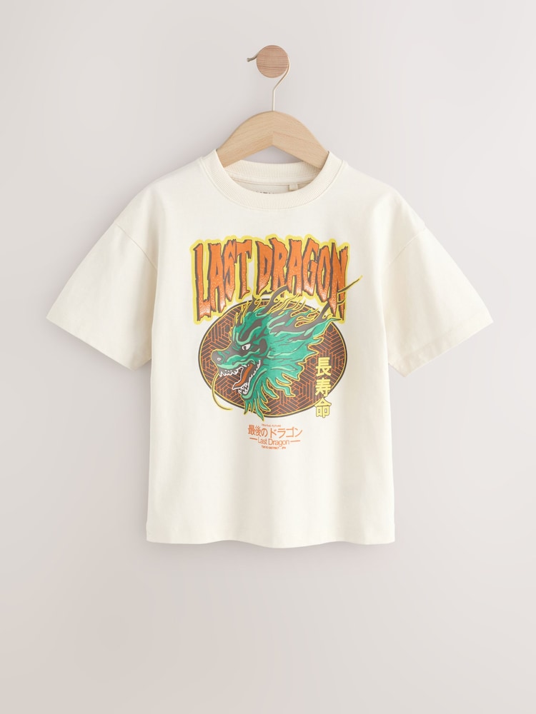 Ecru White Dragon Relaxed Fit Short Sleeve Graphic Print T-Shirt (3-16yrs) - Image 1 of 4 Ecru White Dragon Relaxed Fit Short Sleeve Graphic Print T-Shirt (3-16yrs) - Image 1 of 4