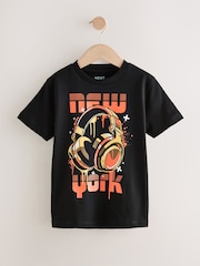 Black/Orange Headphones Short Sleeve Graphic Print T-Shirt (3-16yrs) - Image 1 of 4