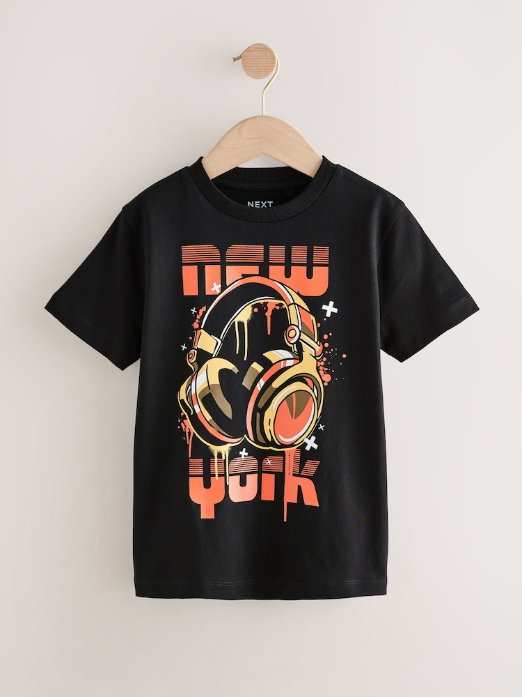 Black/Orange Headphones Short Sleeve Graphic Print T-Shirt (3-16yrs) - Image 1 of 4