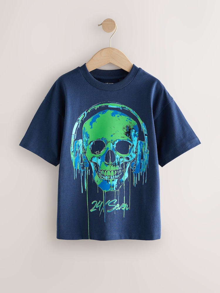 Blue Skull Headphones Relaxed Fit Short Sleeve Graphic Print T-Shirt (3-16yrs) - Image 1 of 4 Blue Skull Headphones Relaxed Fit Short Sleeve Graphic Print T-Shirt (3-16yrs) - Image 1 of 4