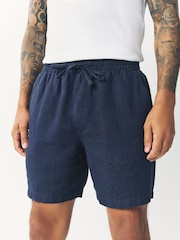 Navy 100% Linen Drawstring Waist Shorts - Image 1 of 8