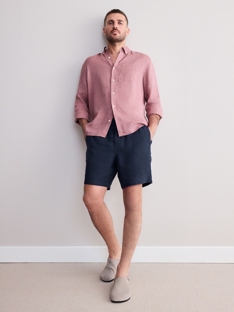 marine - Short Signature avec taille élastique 100% lin - Image 3 of 8