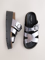 Pewter Forever Comfort® Leather Strap Buckle Detail Sandals - Image 1 of 5