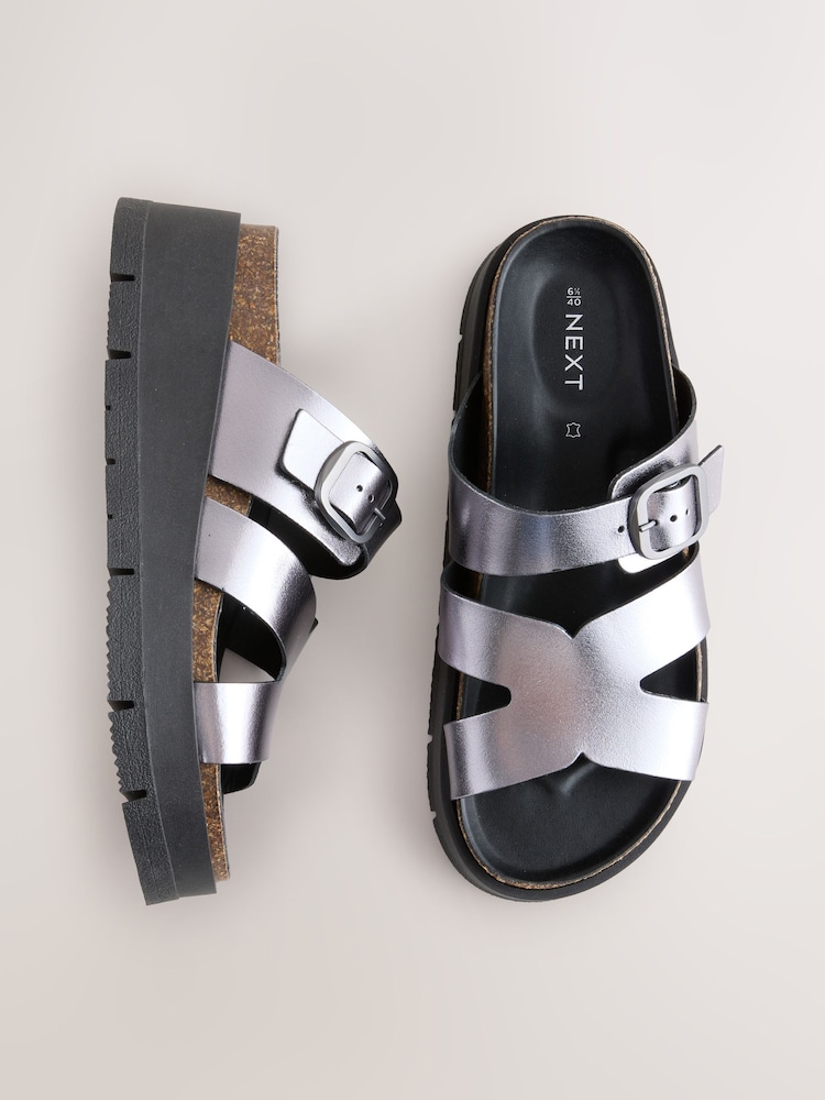 Pewter Forever Comfort® Leather Strap Buckle Detail Sandals - Image 1 of 5