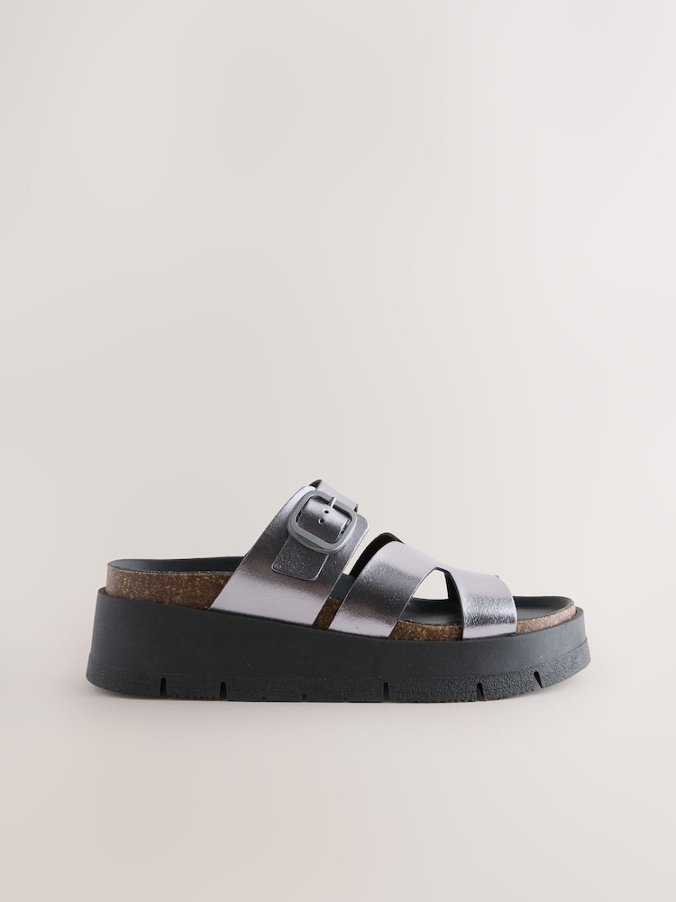 Pewter Forever Comfort® Leather Strap Buckle Detail Sandals - Image 6 of 8