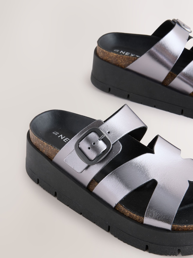 Pewter Forever Comfort® Leather Strap Buckle Detail Sandals - Image 7 of 8
