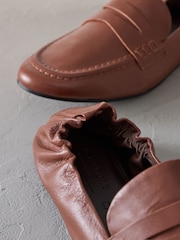 Tan Brown Signature Premium Leather Ruched Back Round Toe Loafers - Image 6 of 7